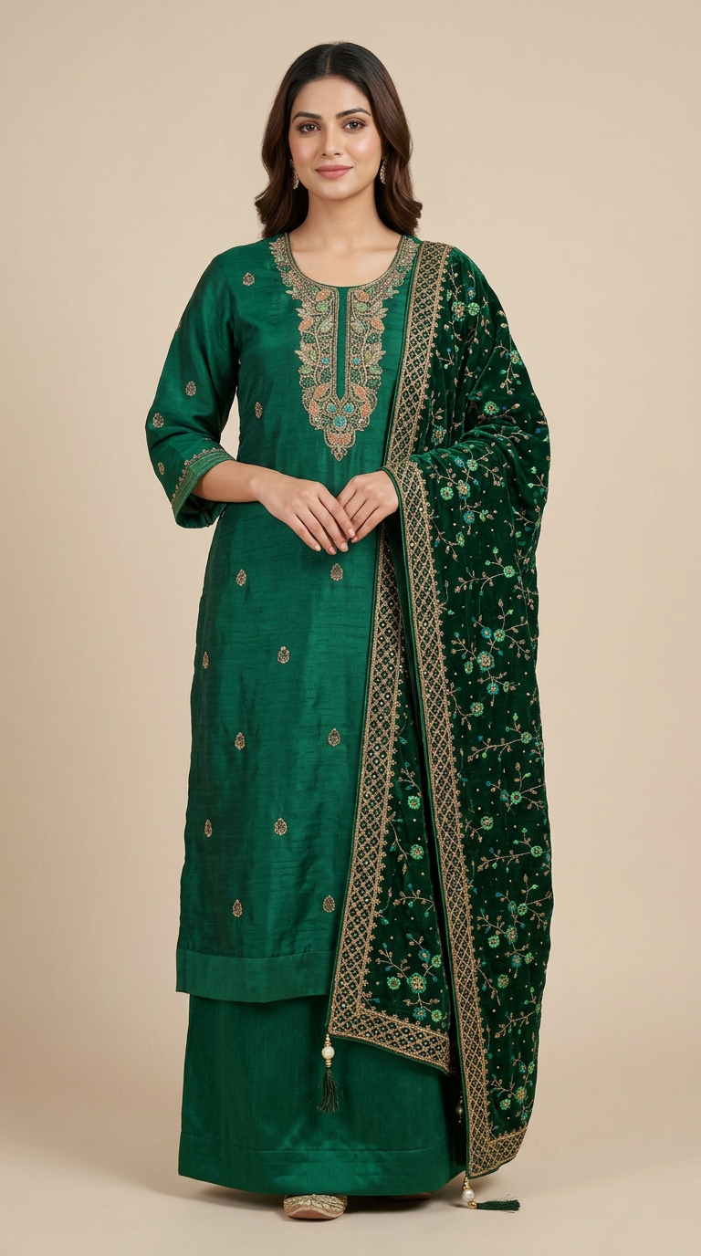 Heavy Embroidered Unstitched Suit - Dark Green. / HC001497 view 3