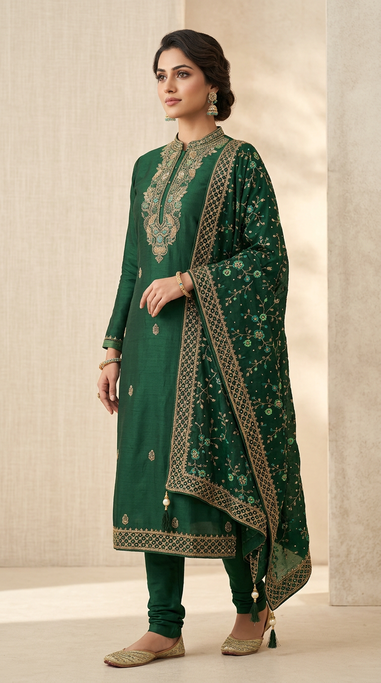 Heavy Embroidered Unstitched Suit - Dark Green. / HC001497 view 2