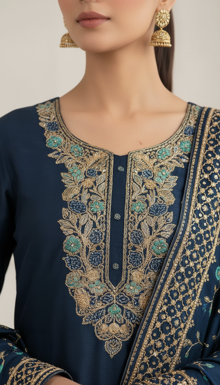 Heavy Embroidered Opada Silk Unstitched Suit -Blue - B  / HC001497 view 4
