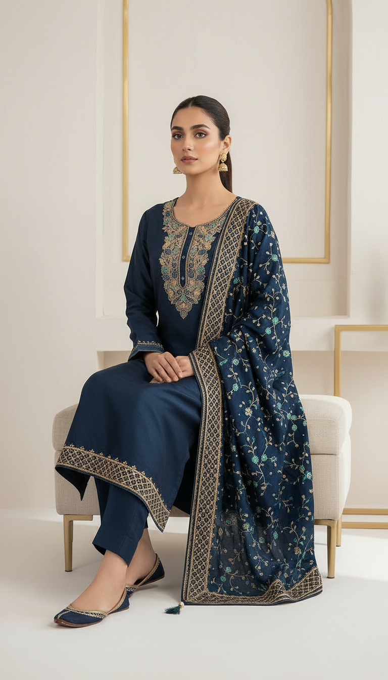 Heavy Embroidered Opada Silk Unstitched Suit -Blue - B  / HC001497 view 2
