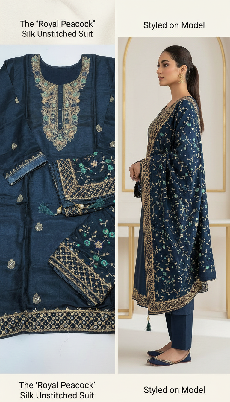 Heavy Embroidered Opada Silk Unstitched Suit -Blue - B  / HC001497 view 3