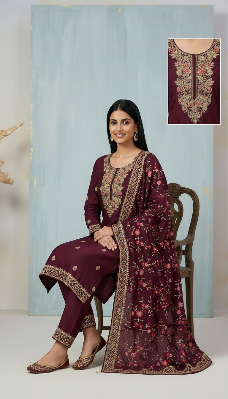 Heavy Embroidered Unstitched Suit - Maroon / HC001497 view 4