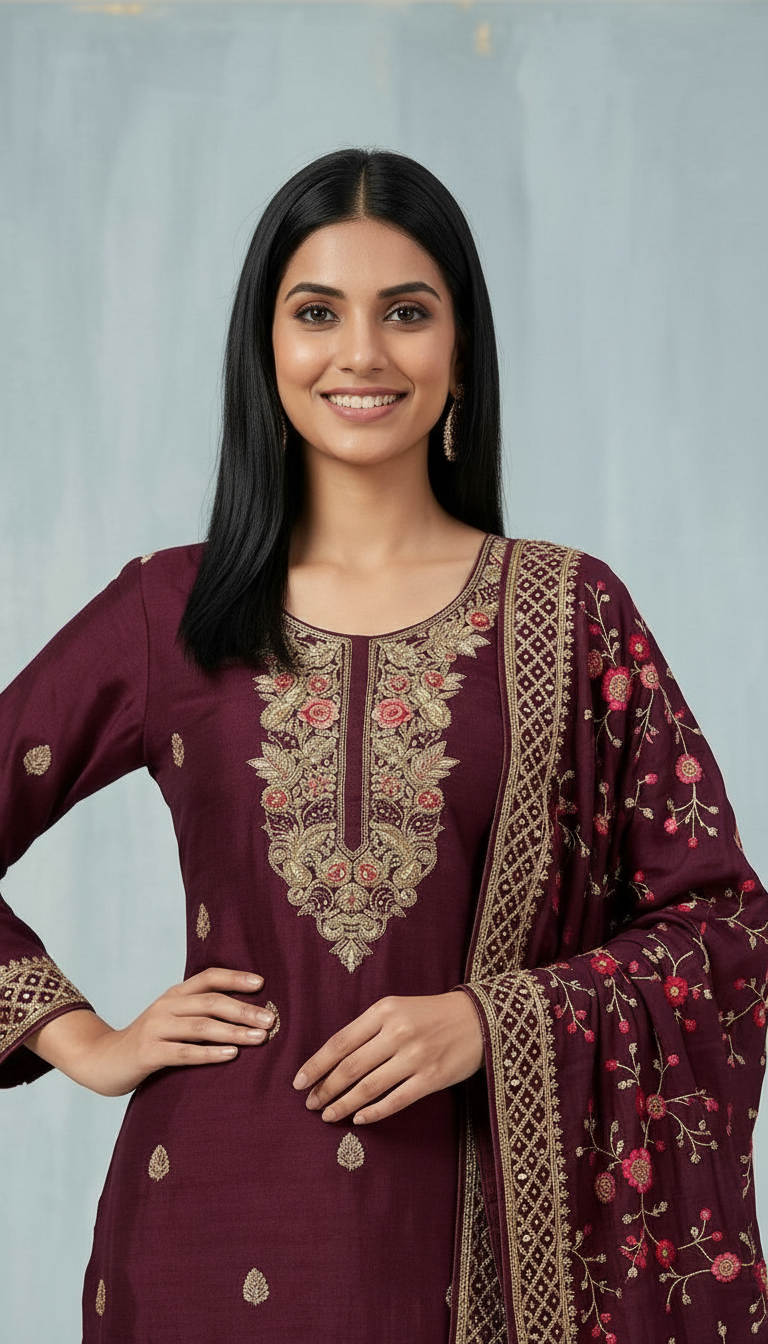 Heavy Embroidered Unstitched Suit - Maroon / HC001497 view 3