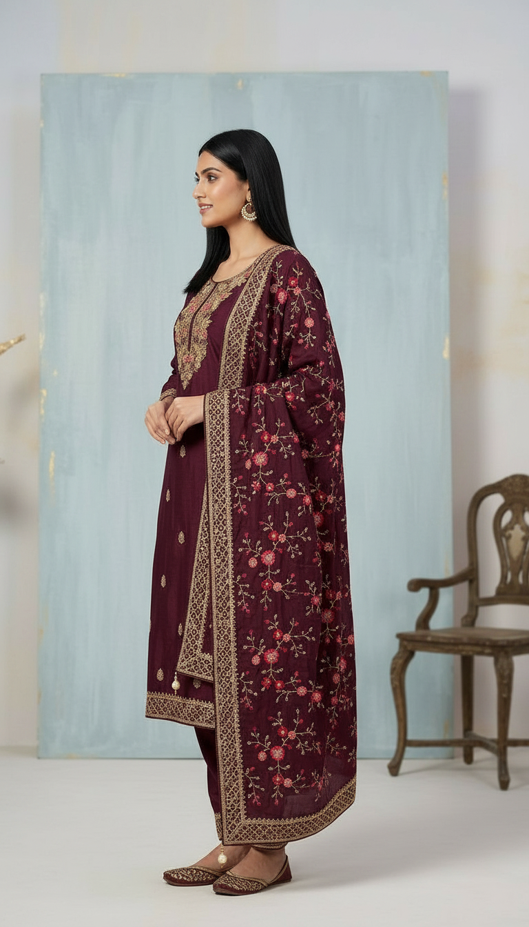 Heavy Embroidered Unstitched Suit - Maroon / HC001497 view 2