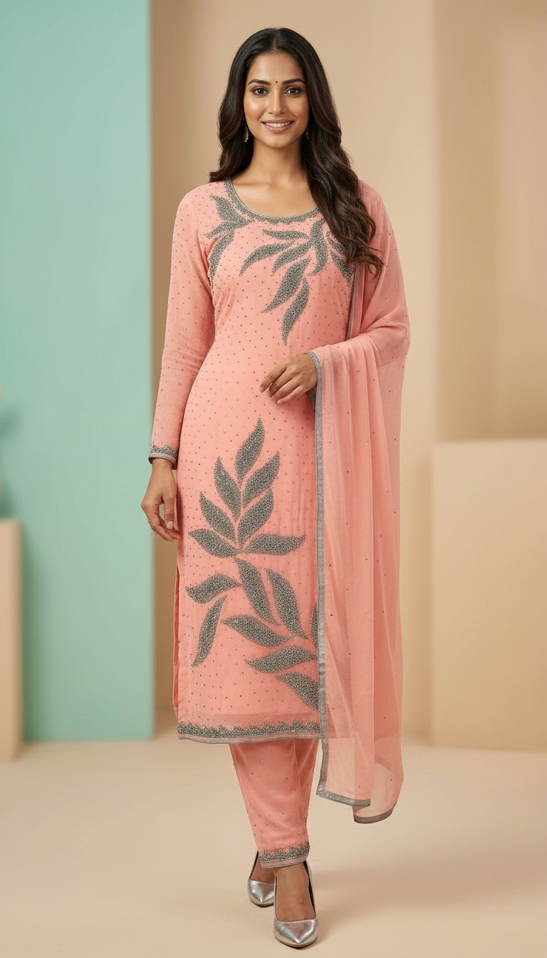 Heavy Embroidered Handwork Sequence Unstitched Suit - Baby Peech - B / HC001672 view 3