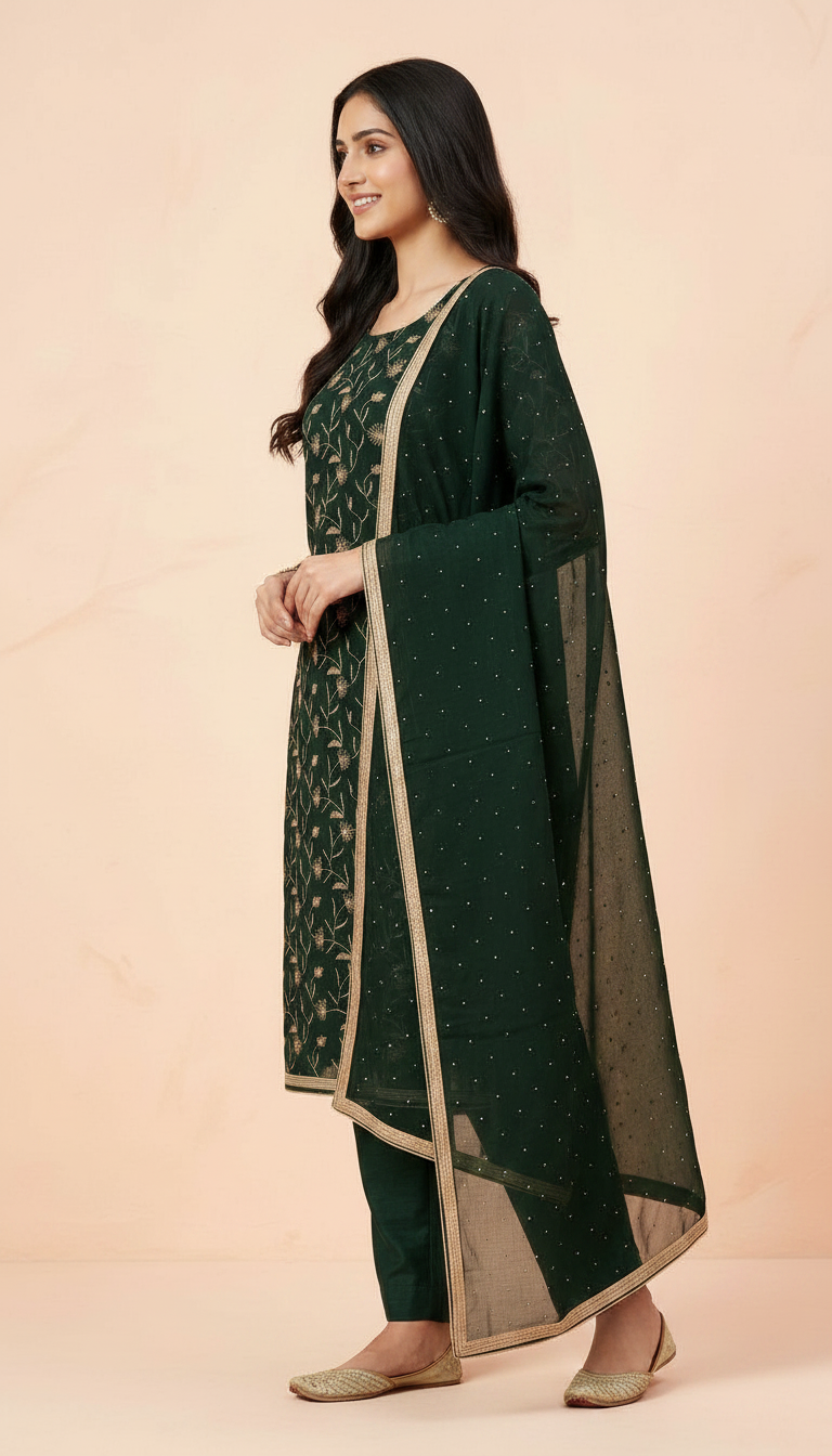 Heavy Embroidered Handwork Chiffon Unstitched Ladies Suit - Dark Green / HC001672 view 2