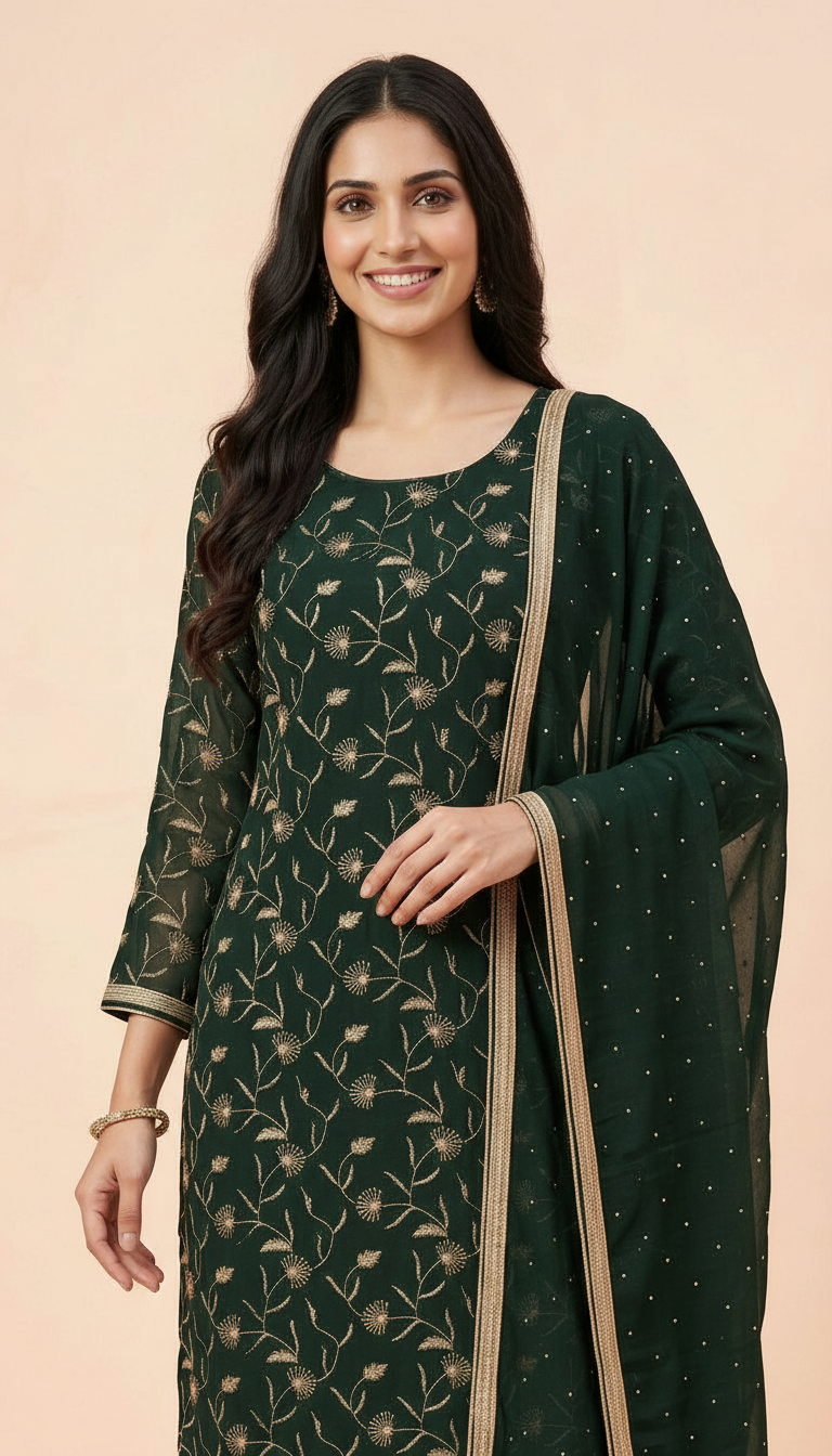 Heavy Embroidered Handwork Chiffon Unstitched Ladies Suit - Dark Green / HC001672 view 3