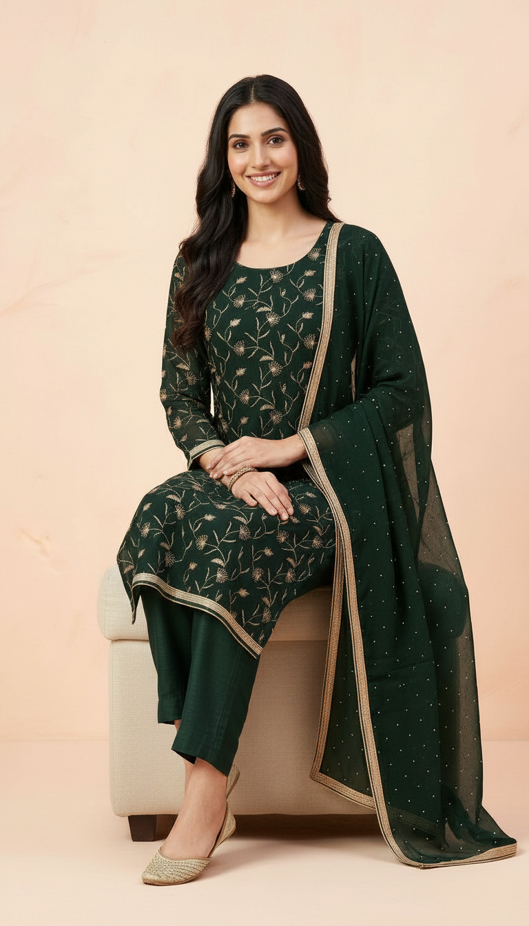 Heavy Embroidered Handwork Chiffon Unstitched Ladies Suit - Dark Green / HC001672 view 4