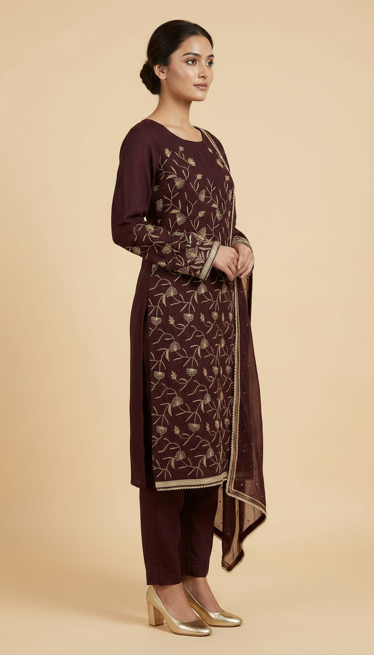 Heavy Embroidered Handwork Chiffon Unstitched Suit - Wine A / HC001672 view 3