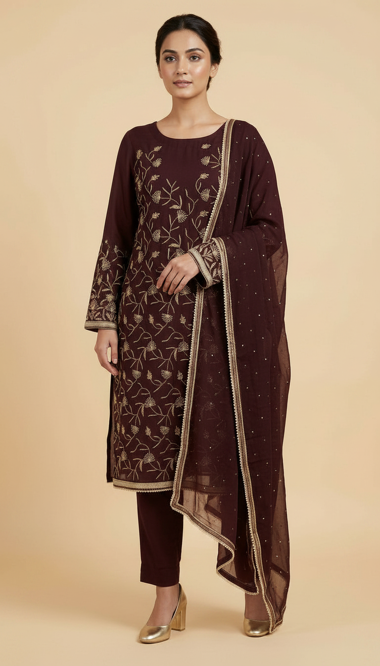 Heavy Embroidered Handwork Chiffon Unstitched Suit - Wine A / HC001672 view 2
