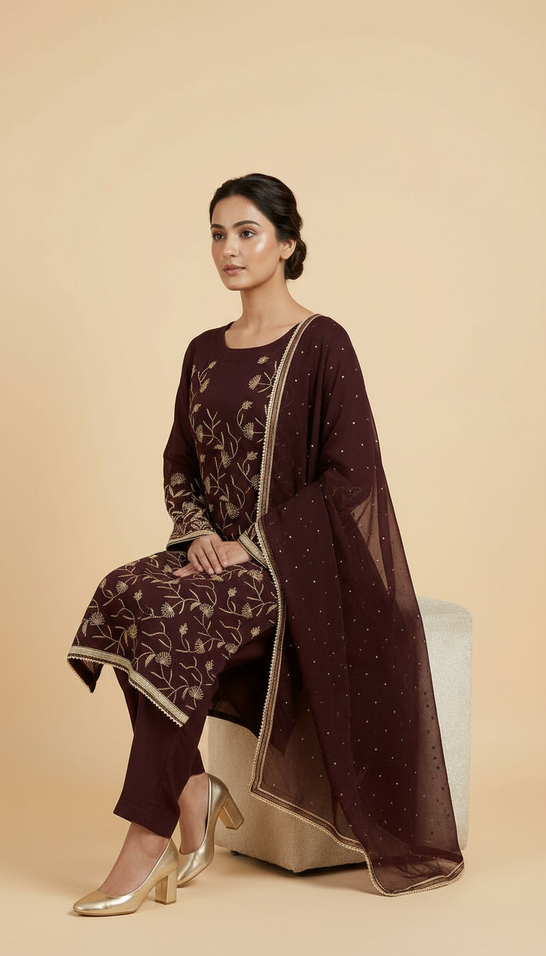 Heavy Embroidered Handwork Chiffon Unstitched Suit - Wine A / HC001672 view 5
