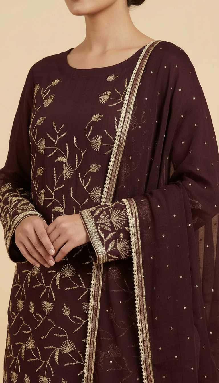 Heavy Embroidered Handwork Chiffon Unstitched Suit - Wine A / HC001672 view 4