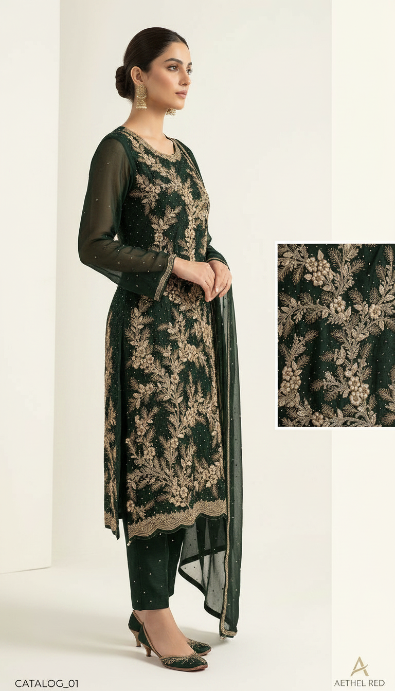 Heavy Embroidered Zari Handwork Chiffon Suit - Dark Green / HC001800 view 3