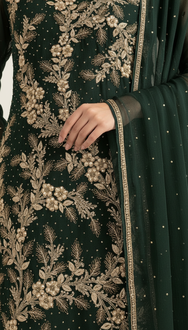 Heavy Embroidered Zari Handwork Chiffon Suit - Dark Green / HC001800 view 4