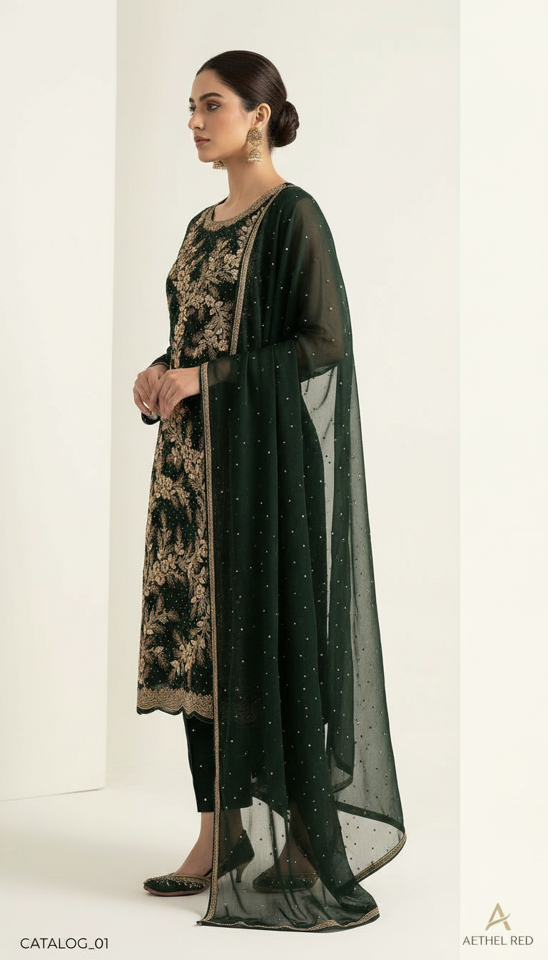 Heavy Embroidered Zari Handwork Chiffon Suit - Dark Green / HC001800 view 2