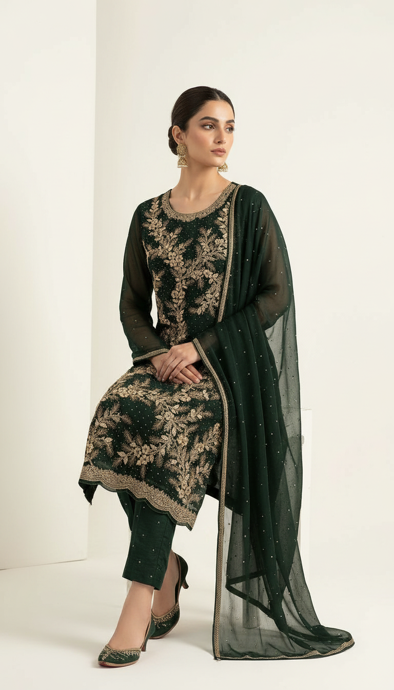 Heavy Embroidered Zari Handwork Chiffon Suit - Dark Green / HC001800 view 5