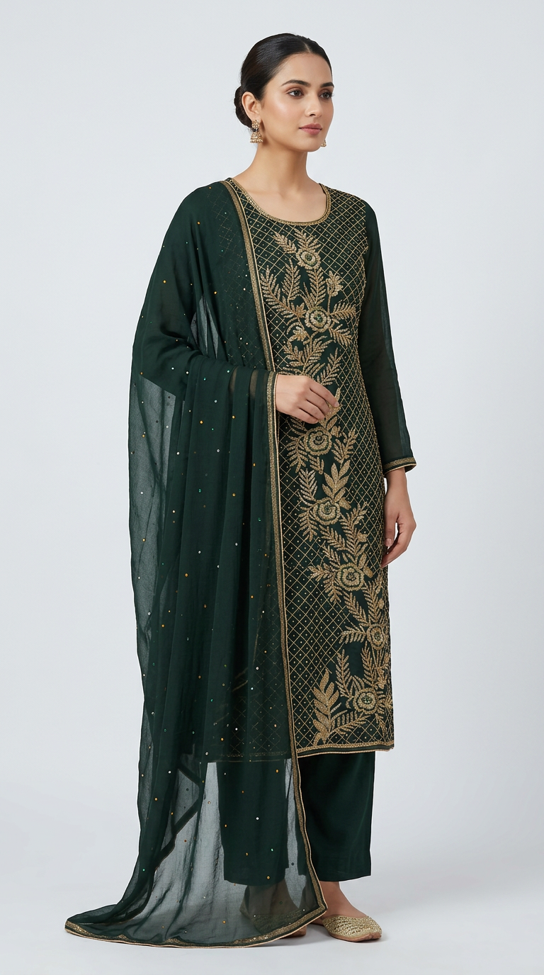 Heavy Embroidered Zari Handwork Chiffon Unstitched  Suit - Dark Green  / HC001672 view 2