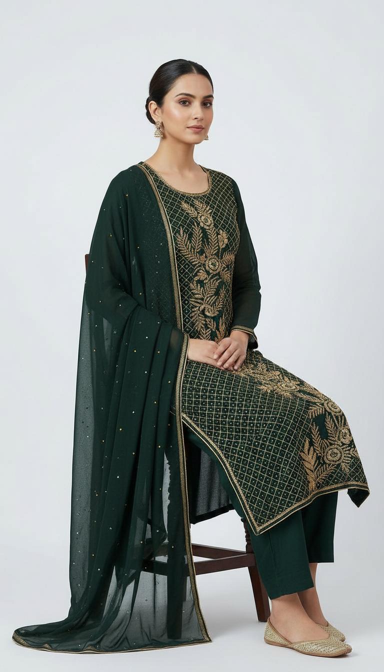 Heavy Embroidered Zari Handwork Chiffon Unstitched  Suit - Dark Green  / HC001672 view 5