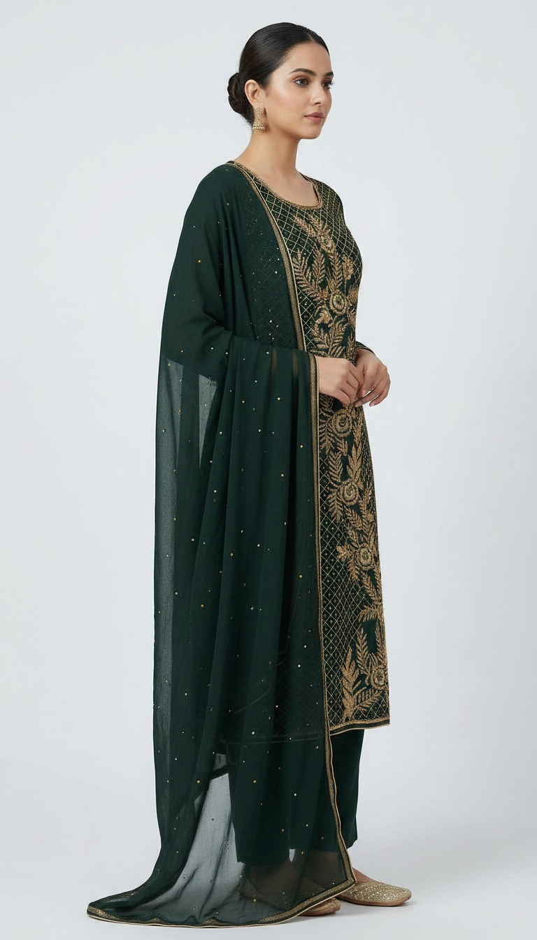 Heavy Embroidered Zari Handwork Chiffon Unstitched  Suit - Dark Green  / HC001672 view 3