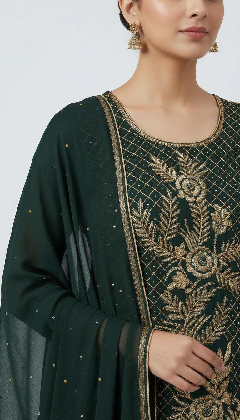 Heavy Embroidered Zari Handwork Chiffon Unstitched  Suit - Dark Green  / HC001672 view 4