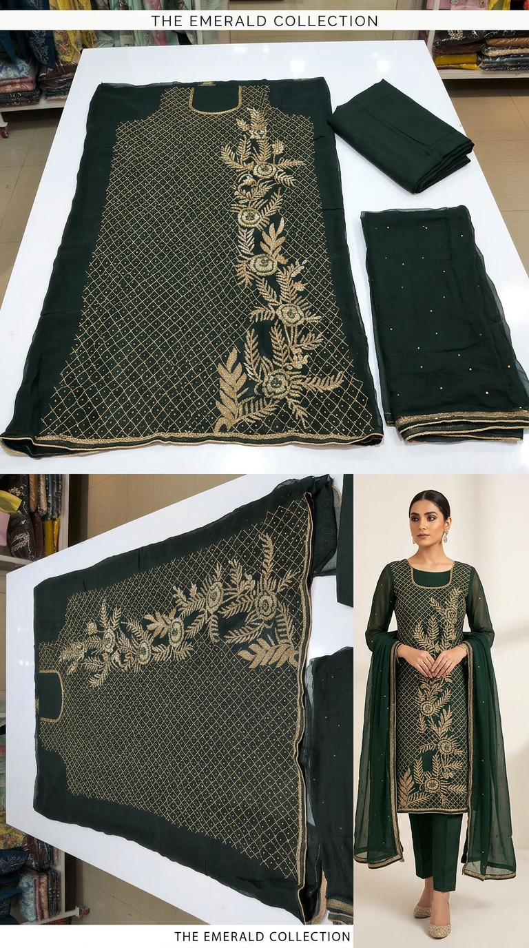 Heavy Embroidered Zari Handwork Chiffon Unstitched  Suit - Dark Green  / HC001672 view 7