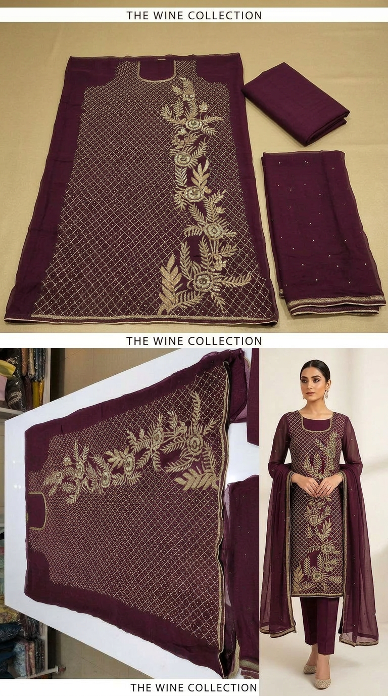 Heavy Embroidered Zari Handwork Chiffon Unstitched  Suit - Wine   / HC001672 view 6