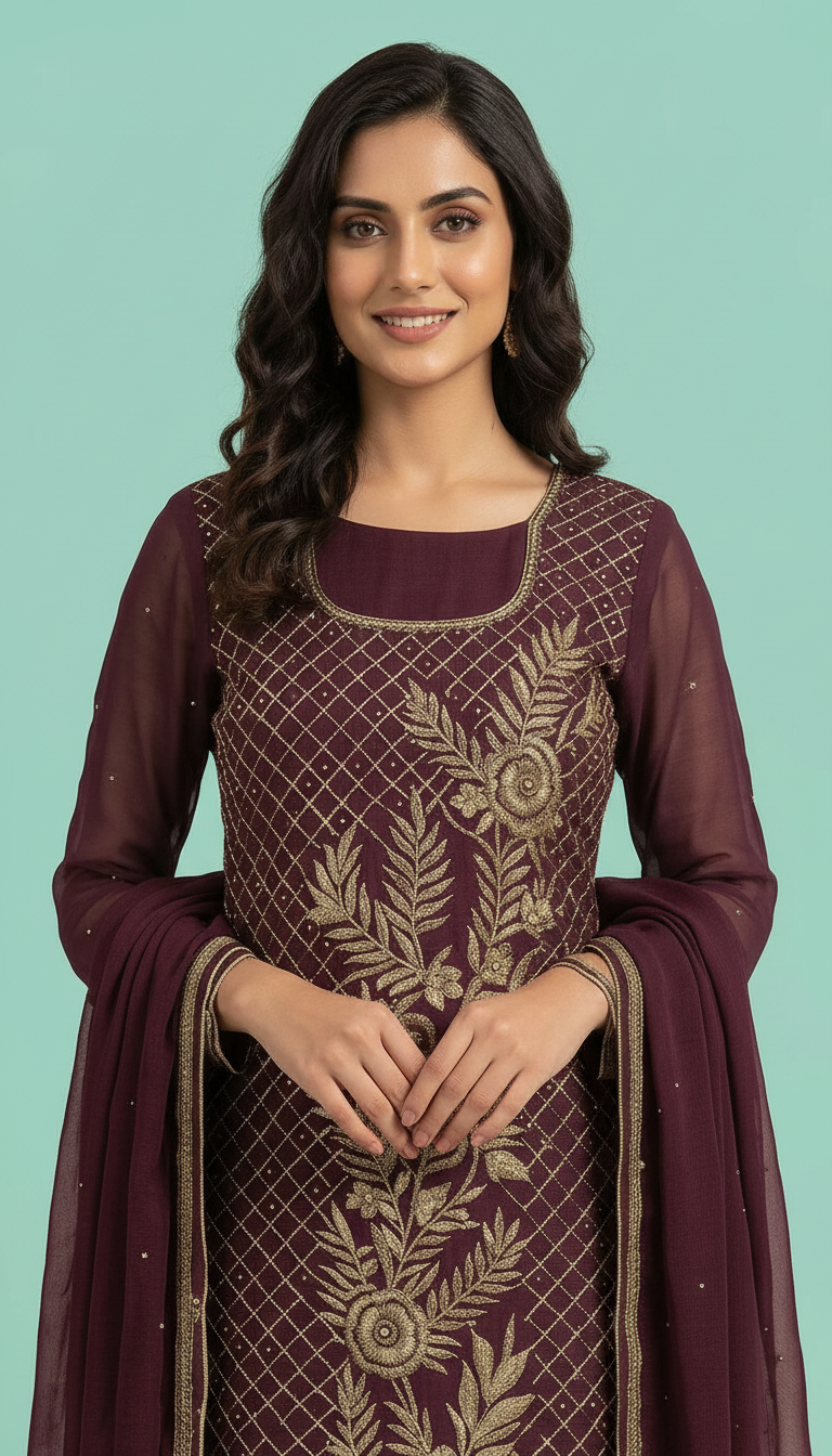 Heavy Embroidered Zari Handwork Chiffon Unstitched  Suit - Wine   / HC001672 view 4