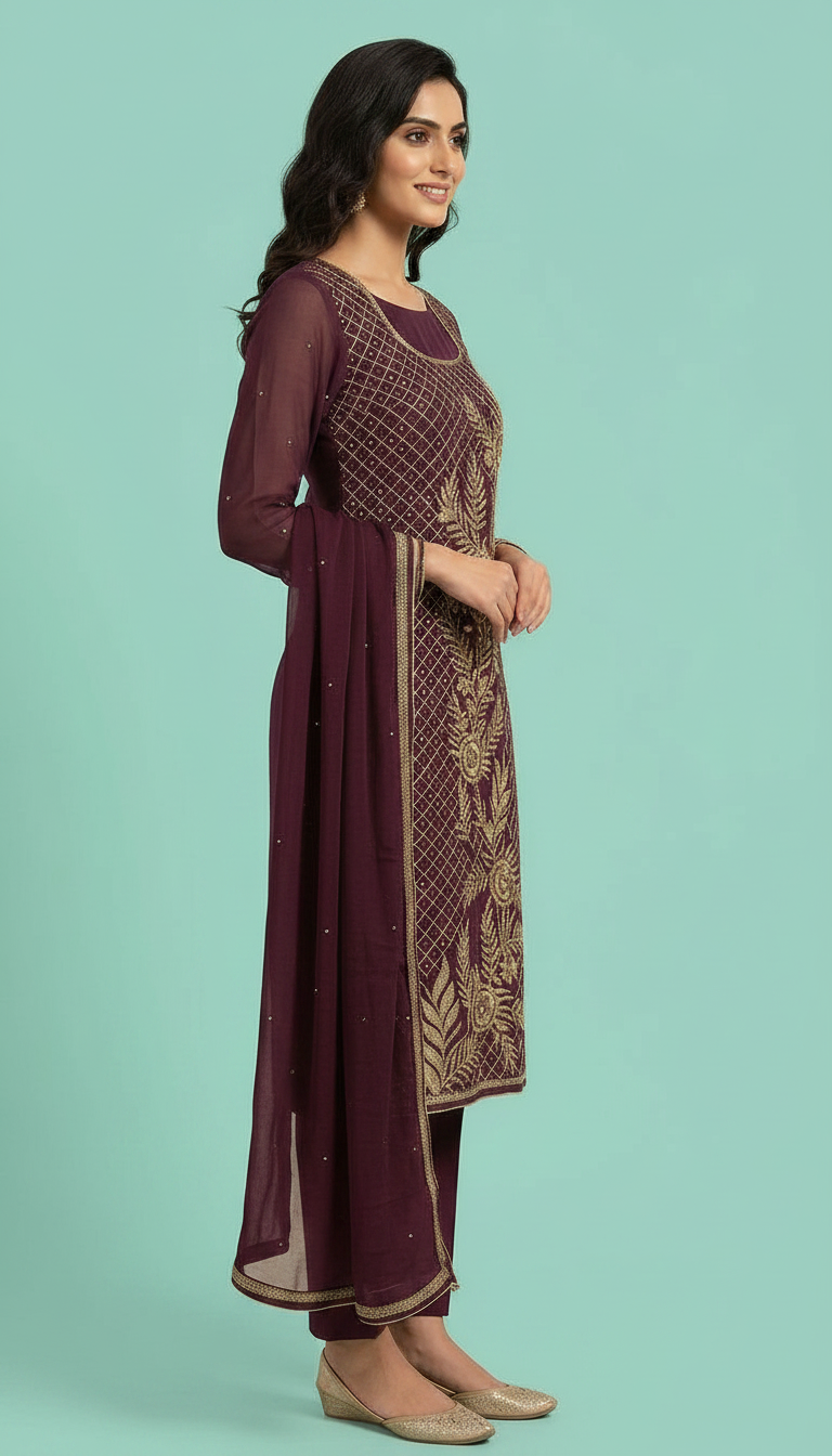 Heavy Embroidered Zari Handwork Chiffon Unstitched  Suit - Wine   / HC001672 view 3