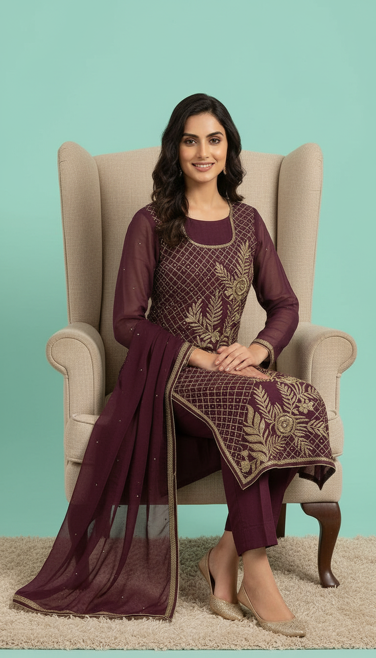 Heavy Embroidered Zari Handwork Chiffon Unstitched  Suit - Wine   / HC001672 view 5