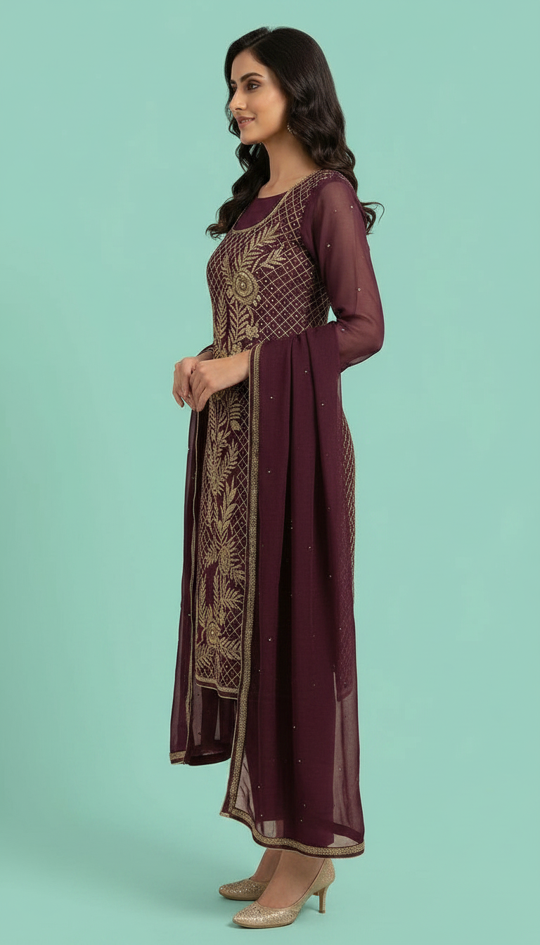 Heavy Embroidered Zari Handwork Chiffon Unstitched  Suit - Wine   / HC001672 view 2
