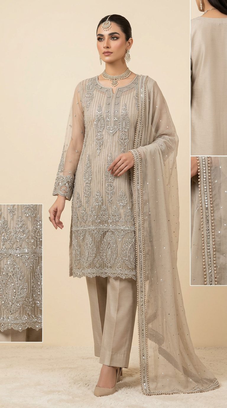 Heavy Embroidered Kardana Work Net Unstitched Suit  -  Light Grey / HC001822 view 6