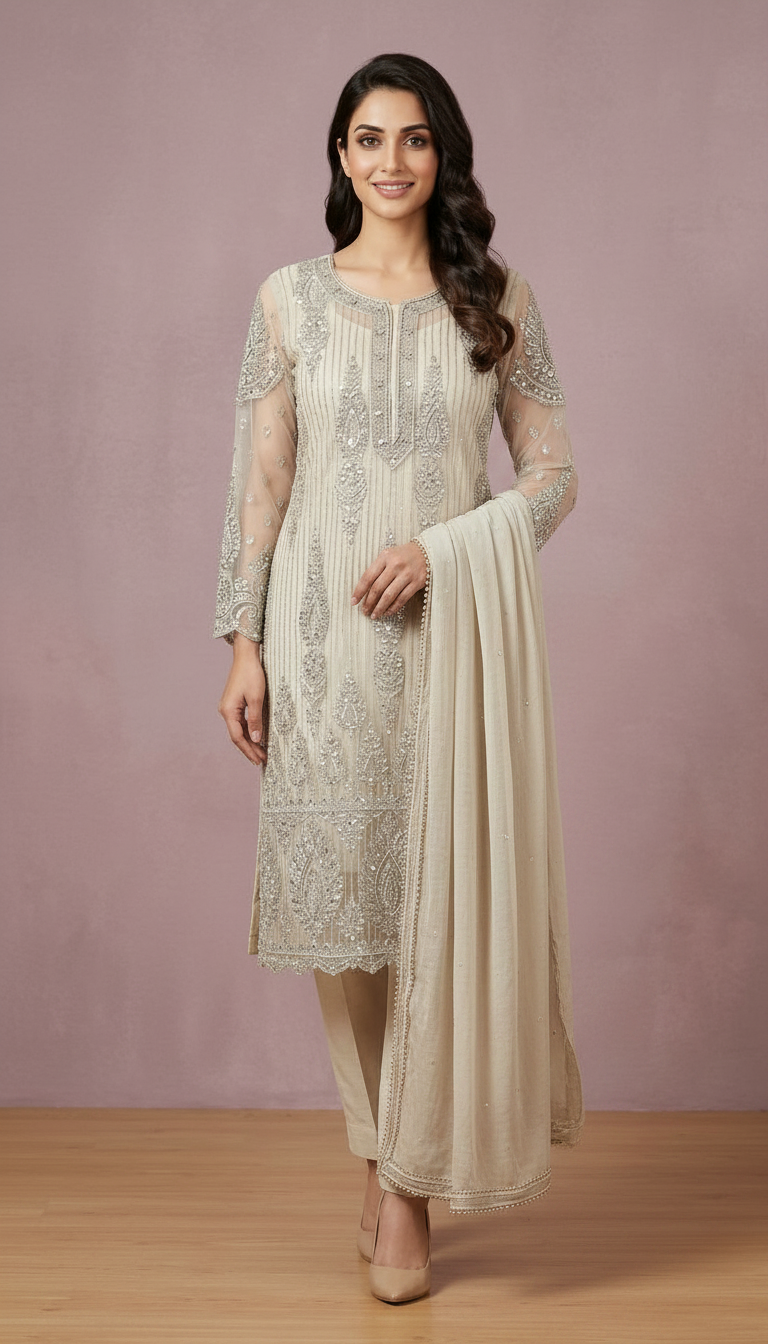 Heavy Embroidered Kardana Work Net Unstitched Suit  -  Light Grey / HC001822 view 3
