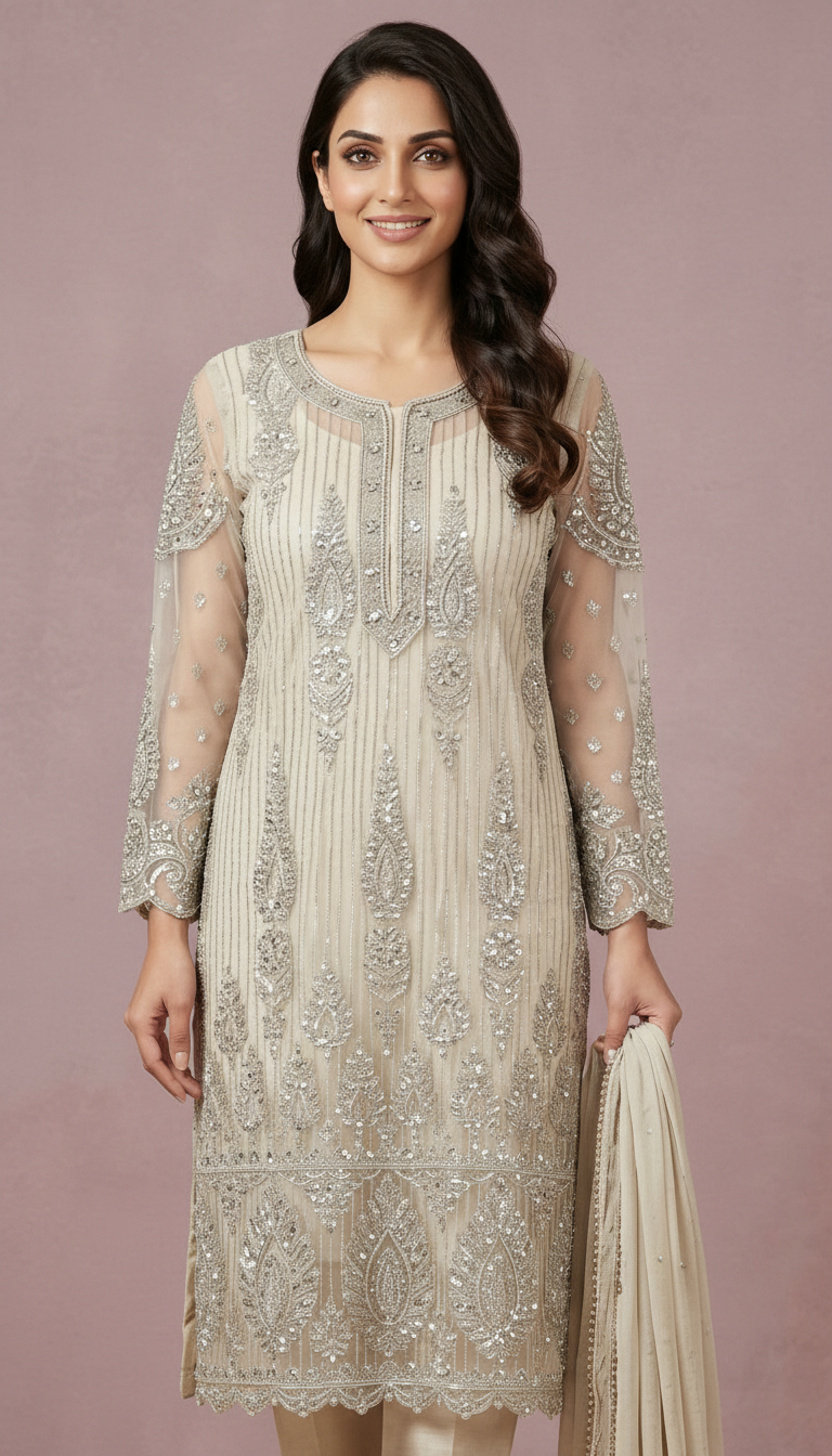 Heavy Embroidered Kardana Work Net Unstitched Suit  -  Light Grey / HC001822 view 4