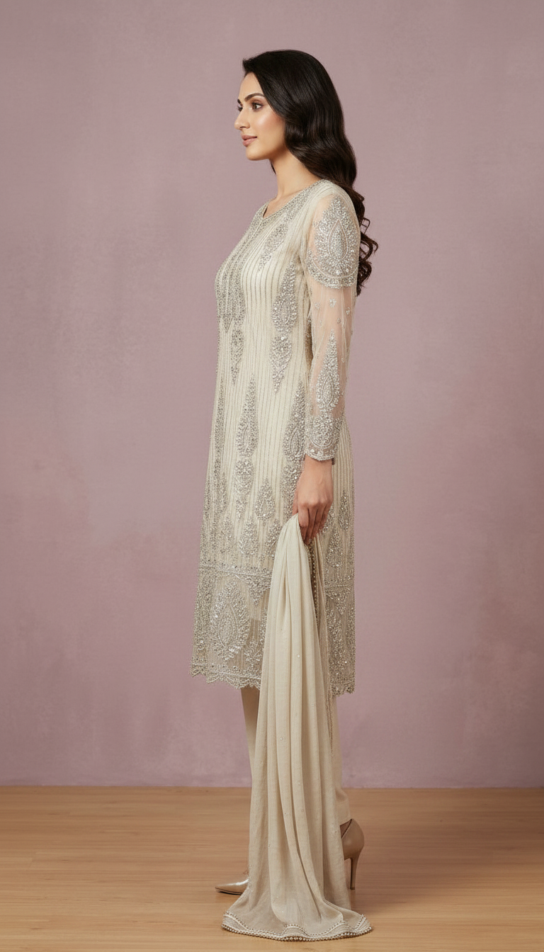 Heavy Embroidered Kardana Work Net Unstitched Suit  -  Light Grey / HC001822 view 2