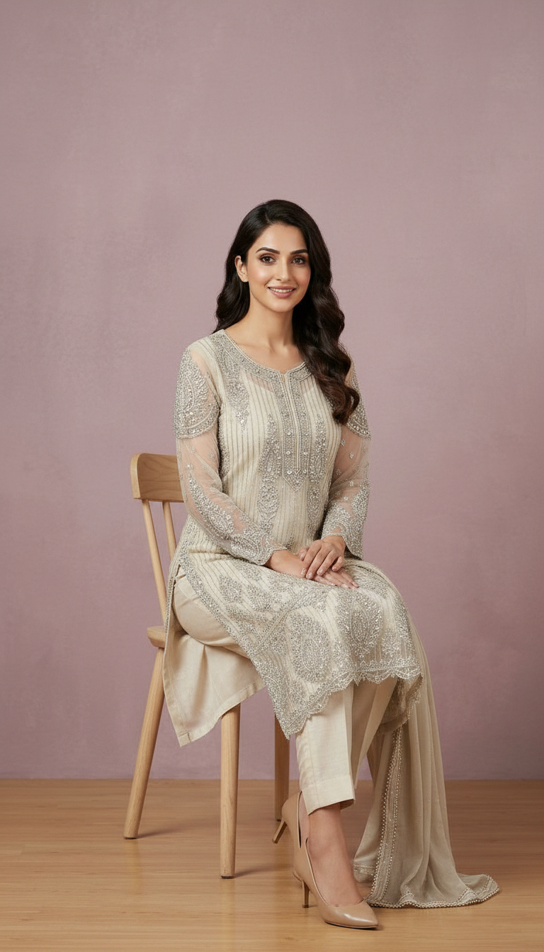Heavy Embroidered Kardana Work Net Unstitched Suit  -  Light Grey / HC001822 view 5