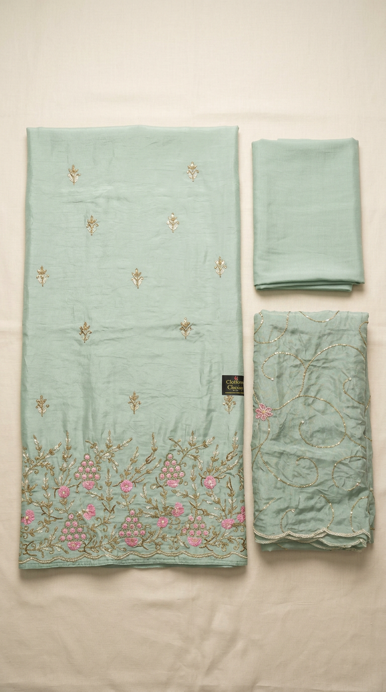 Embroidered Handwork Soft Creap Fabric Unstitched Suit - Sea Green / HC001825 view 6