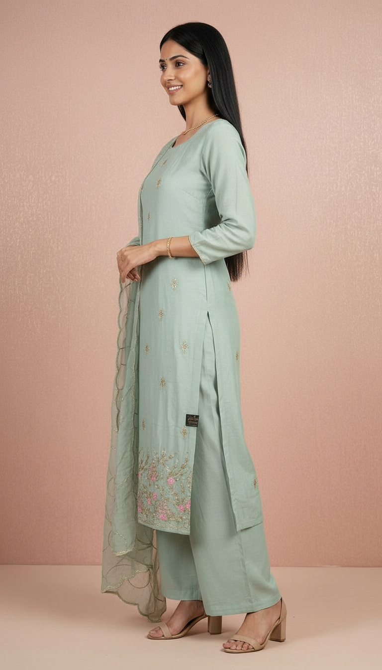 Embroidered Handwork Soft Creap Fabric Unstitched Suit - Sea Green / HC001825 view 2