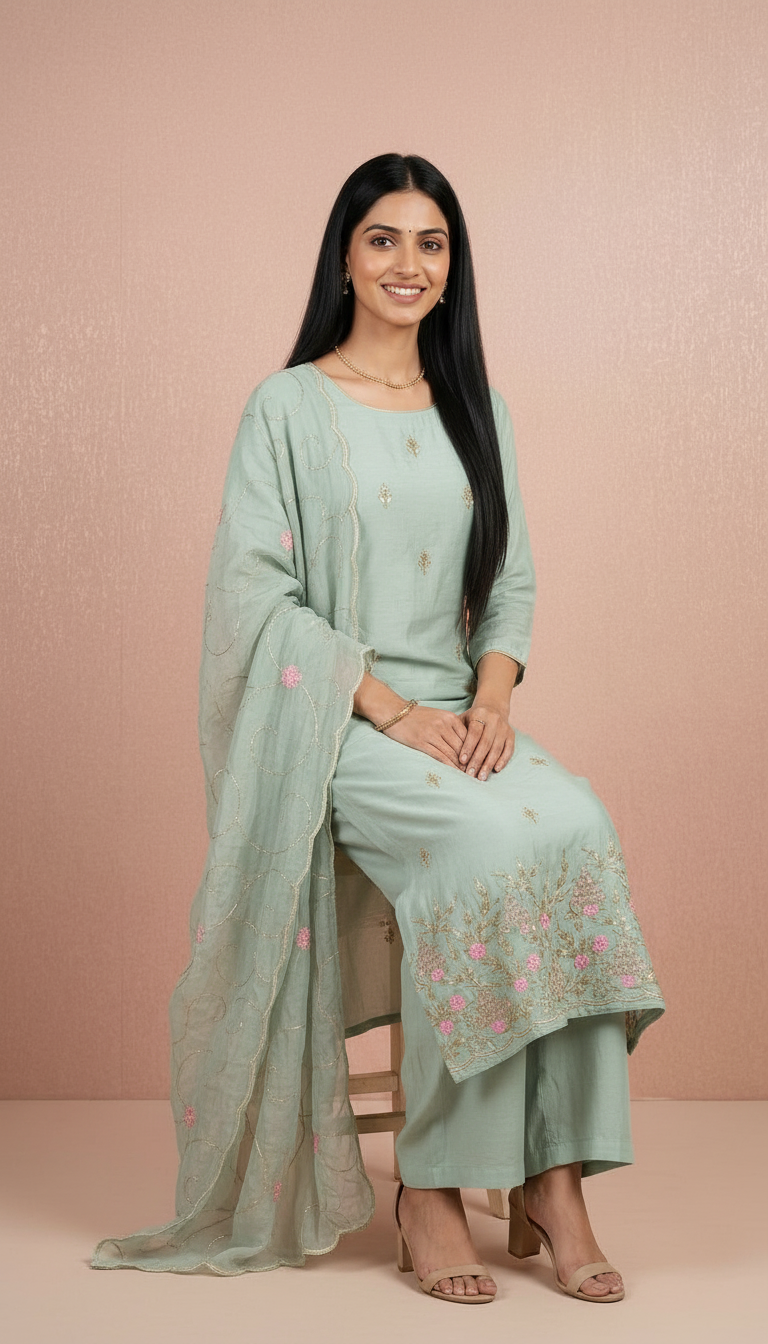 Embroidered Handwork Soft Creap Fabric Unstitched Suit - Sea Green / HC001825 view 4