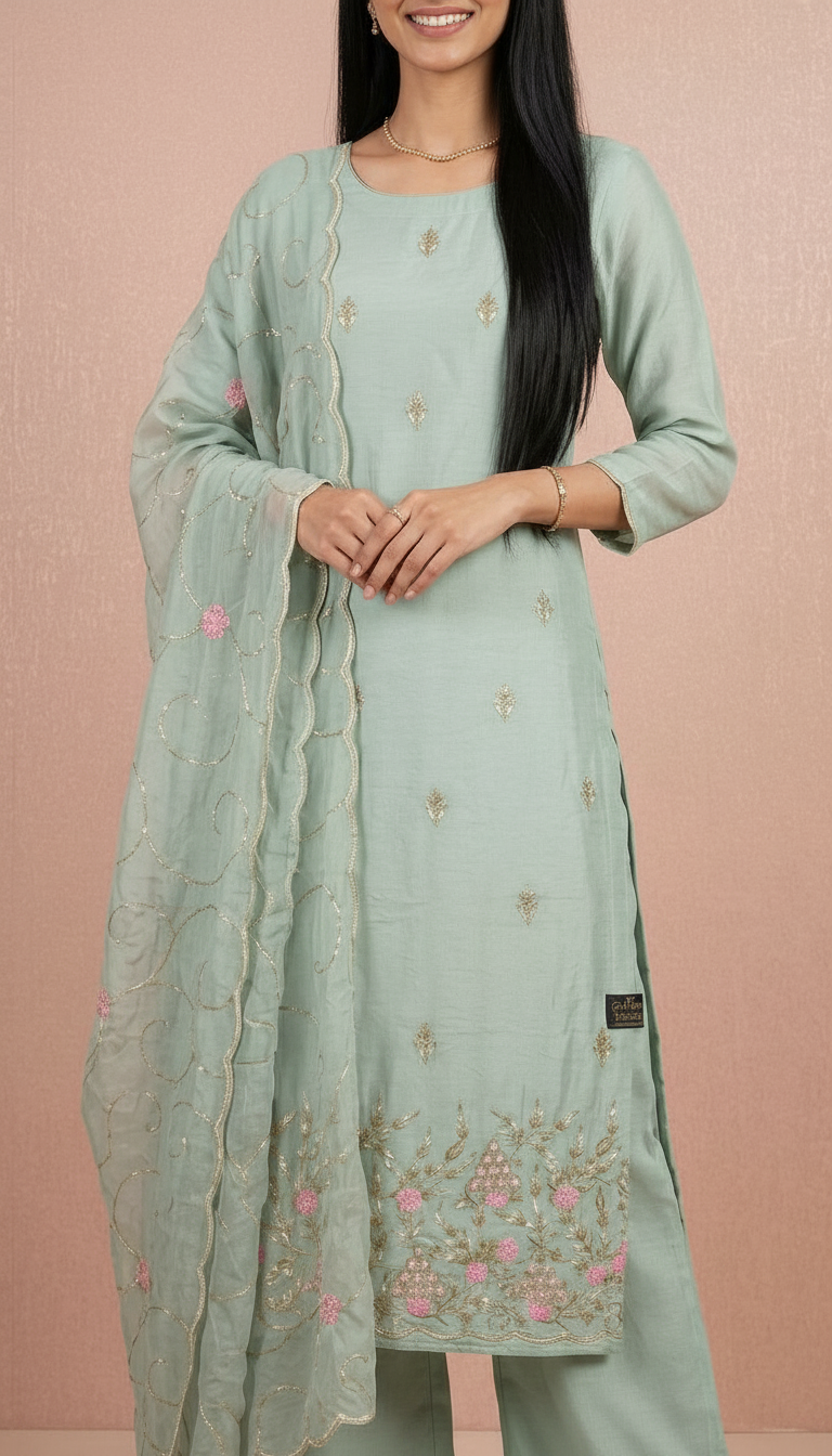 Embroidered Handwork Soft Creap Fabric Unstitched Suit - Sea Green / HC001825 view 3