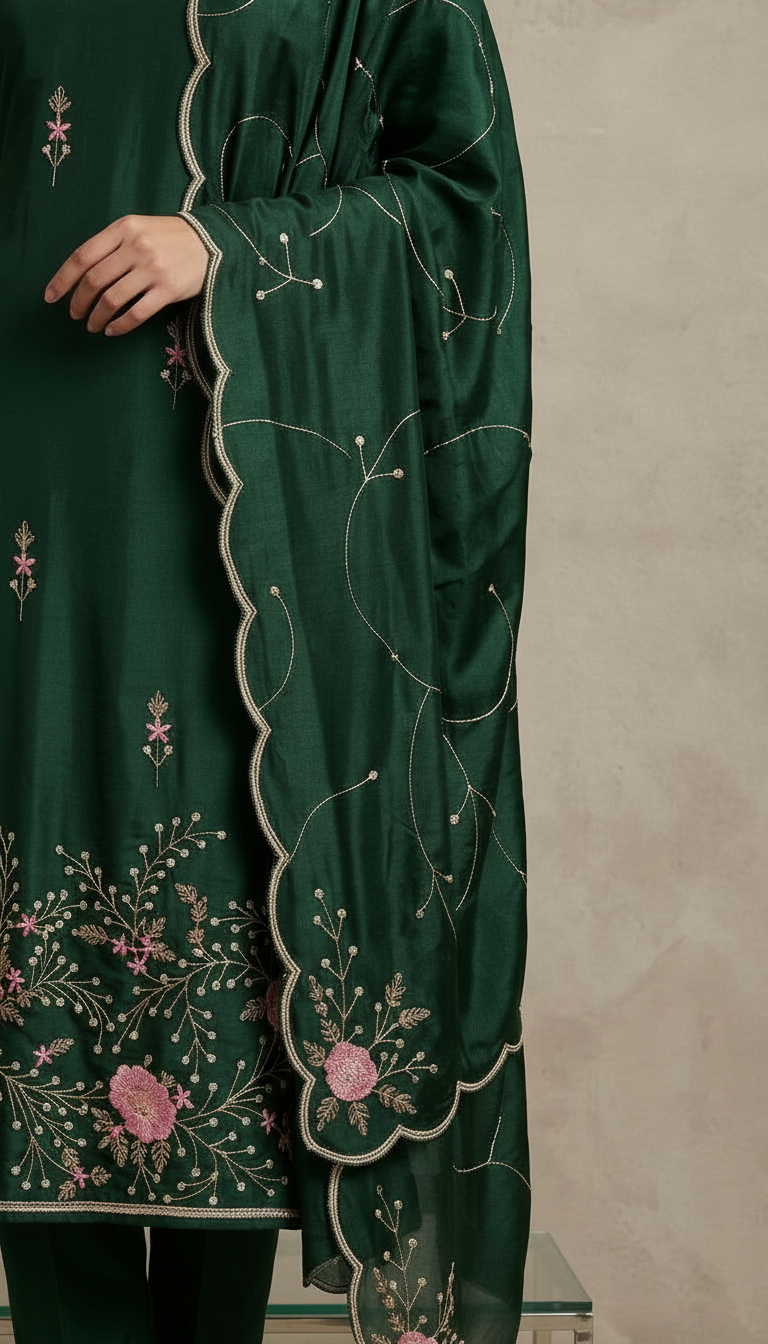 Heavy Embroidered Japani Creap Handwork Unstitched Suit - Green / HC001828 view 3