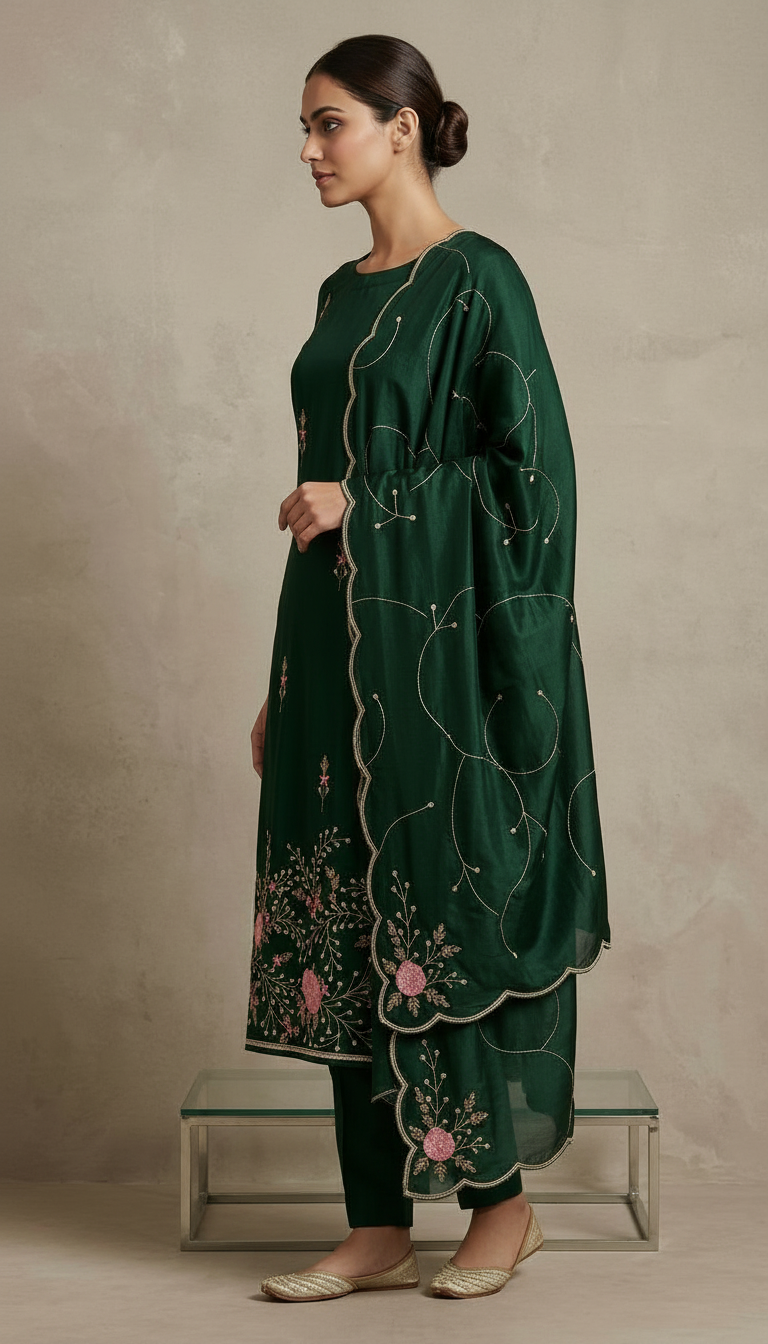 Heavy Embroidered Japani Creap Handwork Unstitched Suit - Green / HC001828 view 2