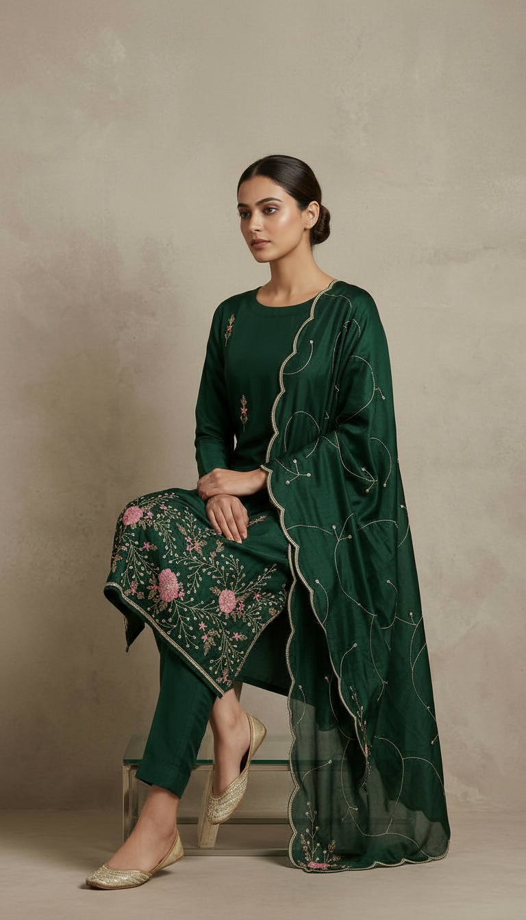 Heavy Embroidered Japani Creap Handwork Unstitched Suit - Green / HC001828 view 4