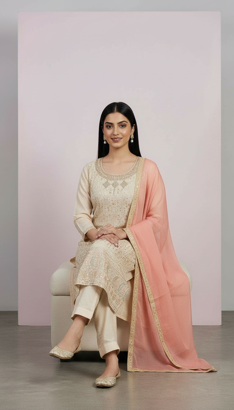 Embroidered Pure Georgette Fully Work Semi Stitched Suit - Cream / HC001672 view 4