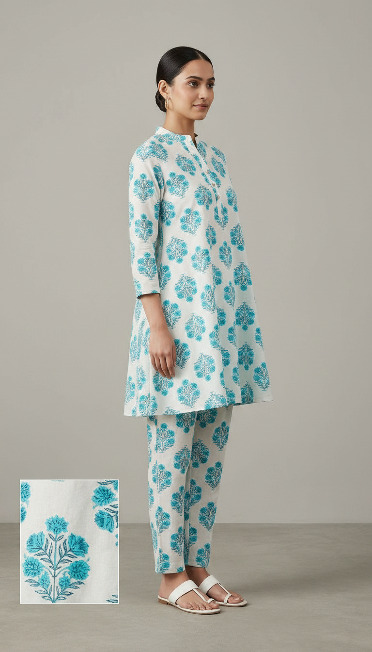Pure Riyon Cotton Printed Cord Set Suit - Blue 1013 / HC002482 view 3
