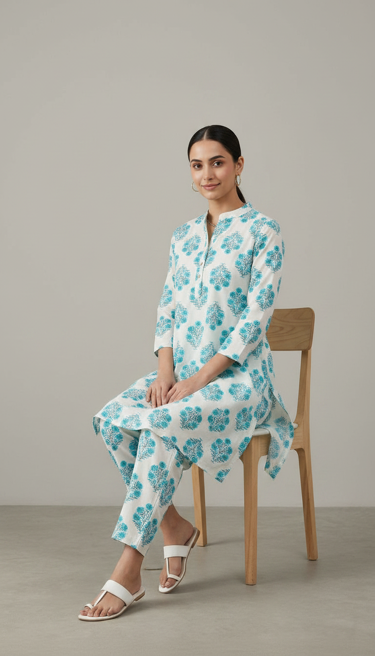 Pure Riyon Cotton Printed Cord Set Suit - Blue 1013 / HC002482 view 5