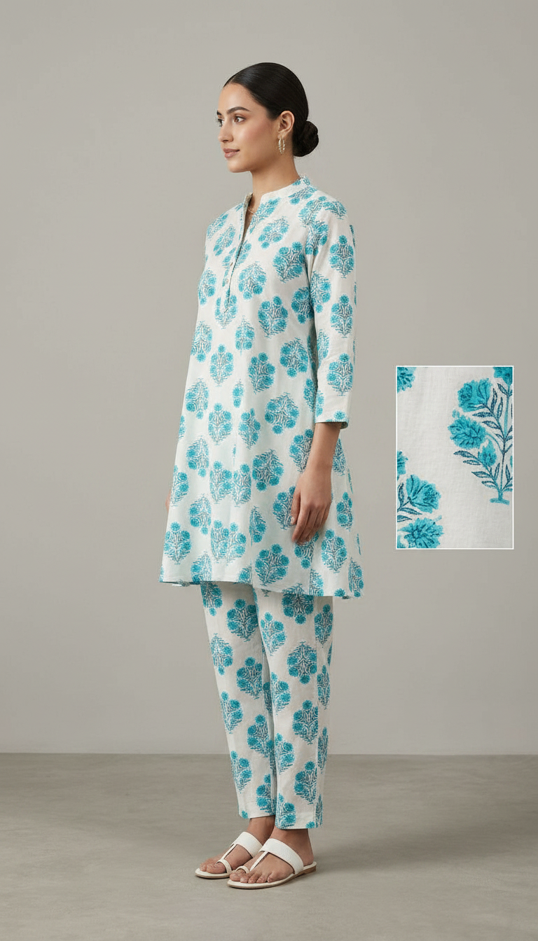 Pure Riyon Cotton Printed Cord Set Suit - Blue 1013 / HC002482 view 2