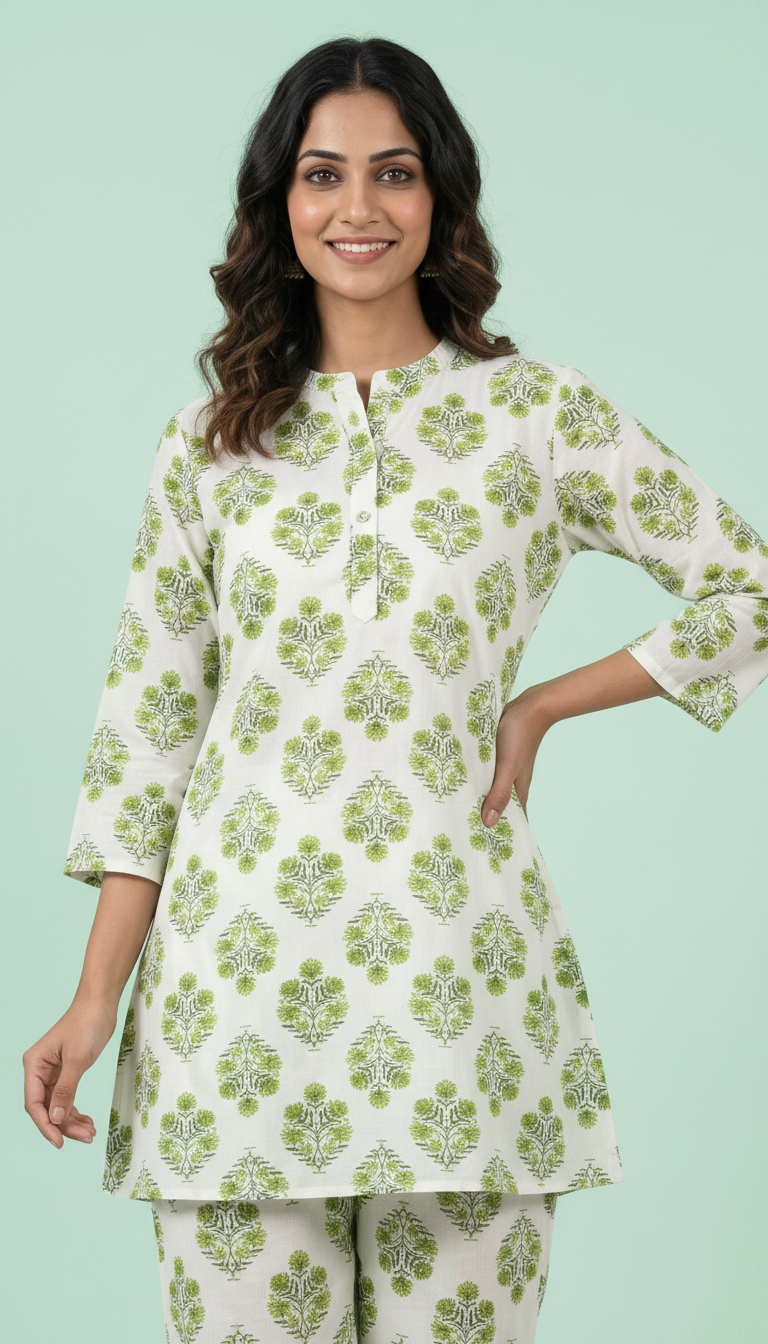 Pure Riyon Cotton Printed Cord Set Suit - Green 1013 / HC002482 view 4