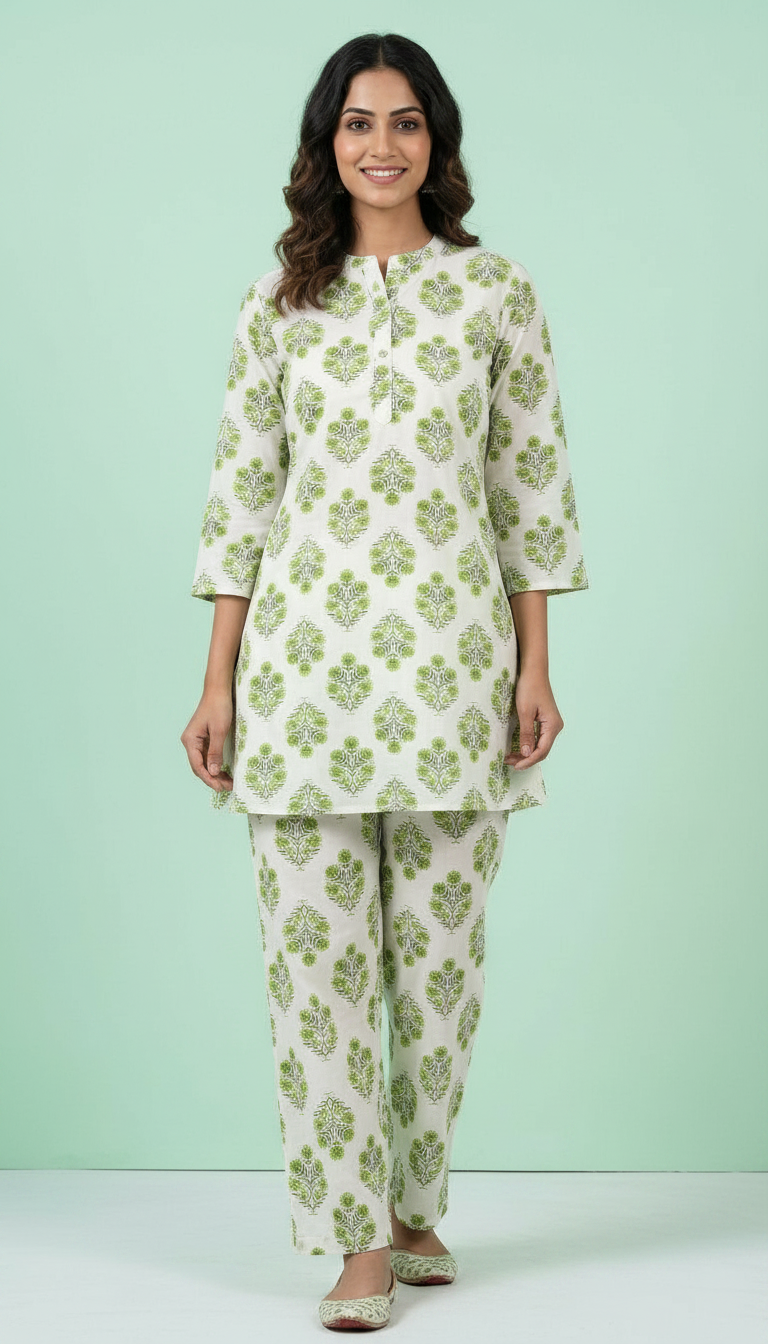 Pure Riyon Cotton Printed Cord Set Suit - Green 1013 / HC002482 view 3
