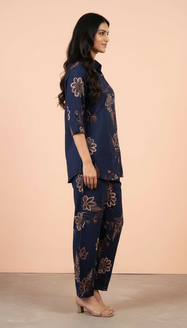 Floral Printed Stitched Cotton Cord Set Suit - Nevy Blue 6612 / HC002481 view 4