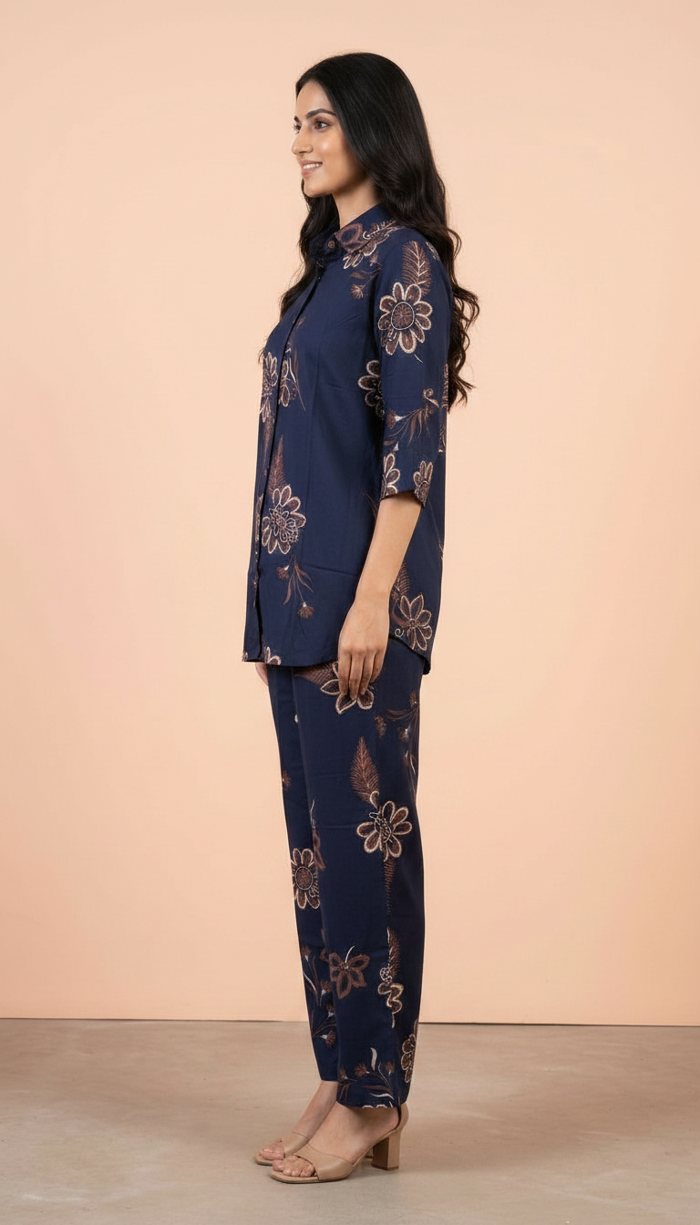 Floral Printed Stitched Cotton Cord Set Suit - Nevy Blue 6612 / HC002481 view 2